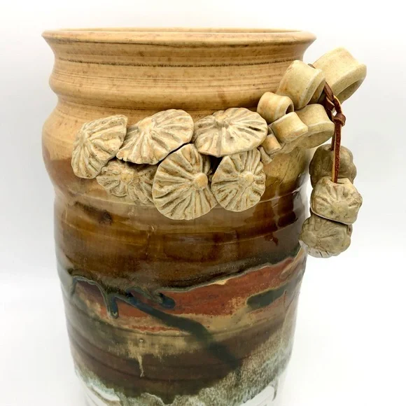 Large Pottery Crock Vase Hand Made Beads On Leather Dangle Applied Floral Relief - Picture 9 of 15